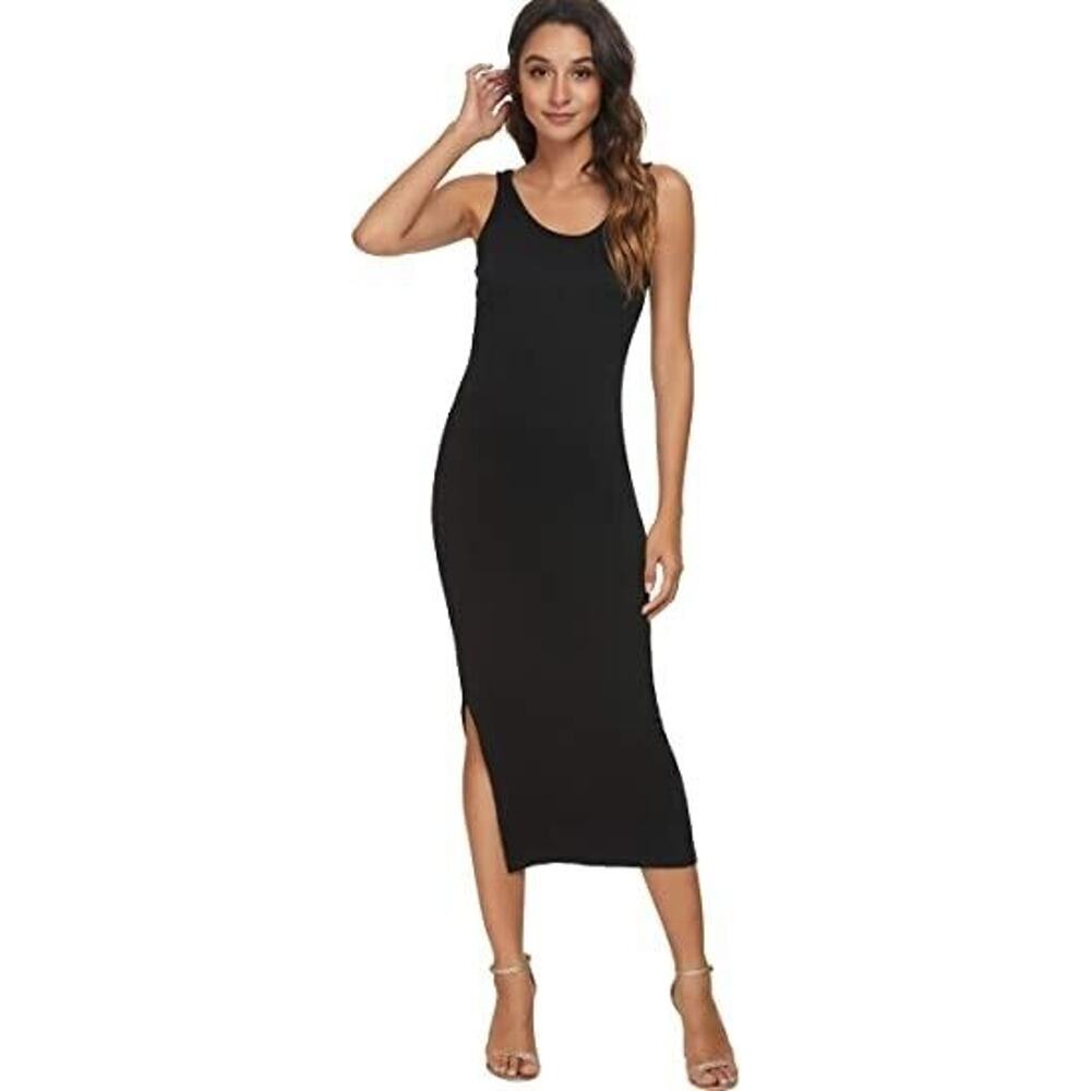 CMZ2005 Tank Midi Dress Women 4-6 Black Scoop Neck Sleeveless Side Split Stretch